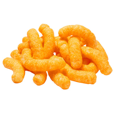 Cheetos Cheddar Puffs piled, showcasing their cheesy flavor, perfect for snacking or sharing from a Frito Lay bulk chips case.