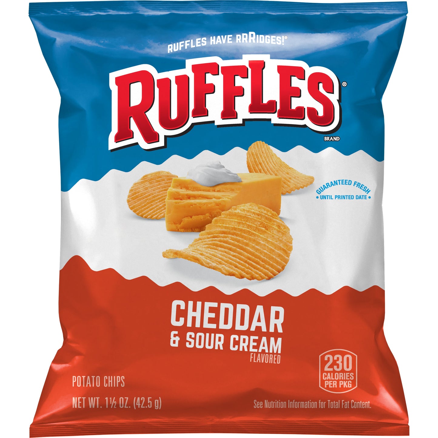Ruffles Cheddar & Sour Cream potato chips bag, showcasing wavy chips, ideal for snack lovers and bulk orders.