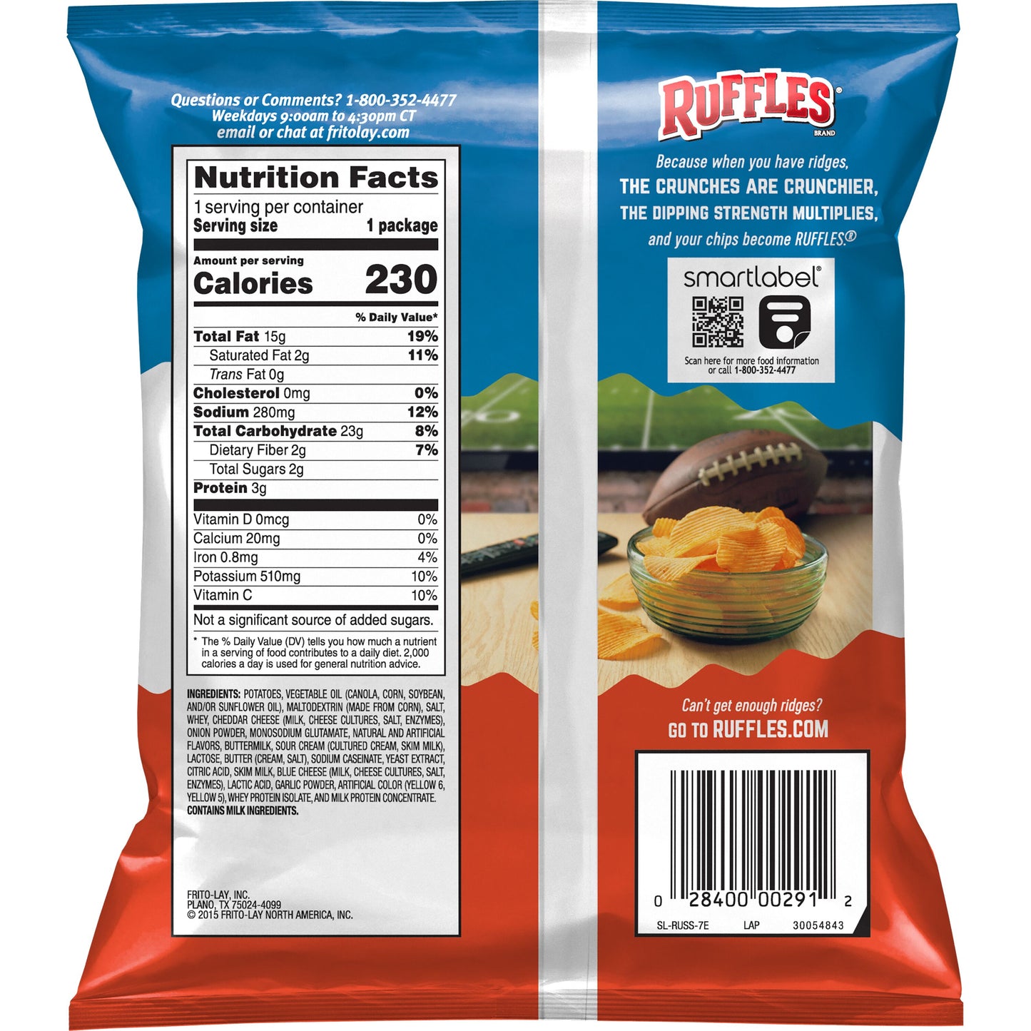 Ruffles Cheddar & Sour Cream 1.5 Oz bag showcasing nutrition facts and packing for Frito Lay bulk chips case.
