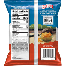 Ruffles Cheddar & Sour Cream 1.5 Oz bag showcasing nutrition facts and packing for Frito Lay bulk chips case.