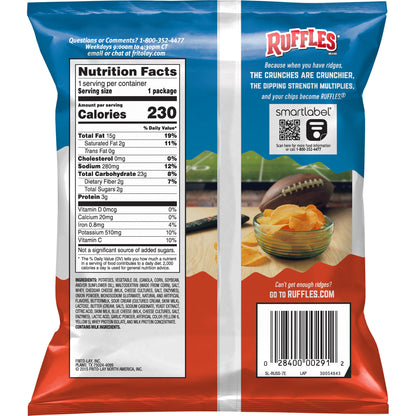 Ruffles Cheddar & Sour Cream 1.5 Oz bag showcasing nutrition facts and packing for Frito Lay bulk chips case.
