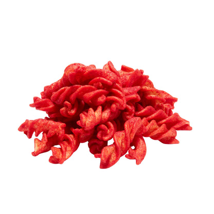 Turbos Flamas twisted flamin hot corn chips in a pile, perfect for snacking or sharing in a 64 count box.