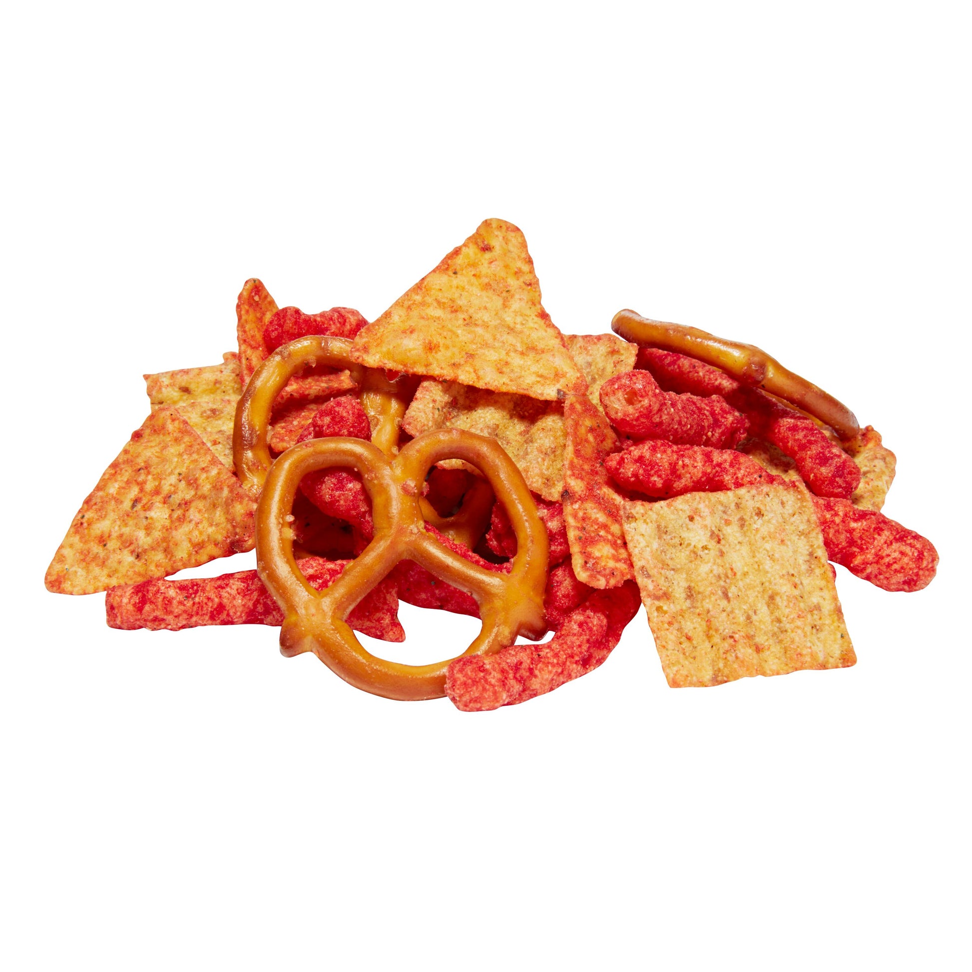 Munchies Flamin' Hot snack mix featuring Cheetos, Doritos, and pretzels in a bold spicy blend.