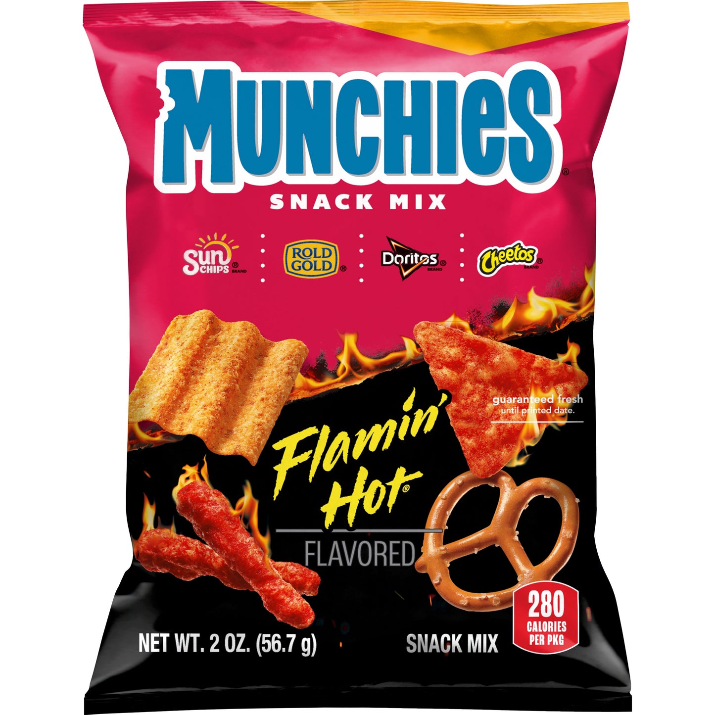 Munchies Flamin' Hot snack mix bag featuring Doritos, Cheetos, and pretzels. Frito Lay bulk chips case.