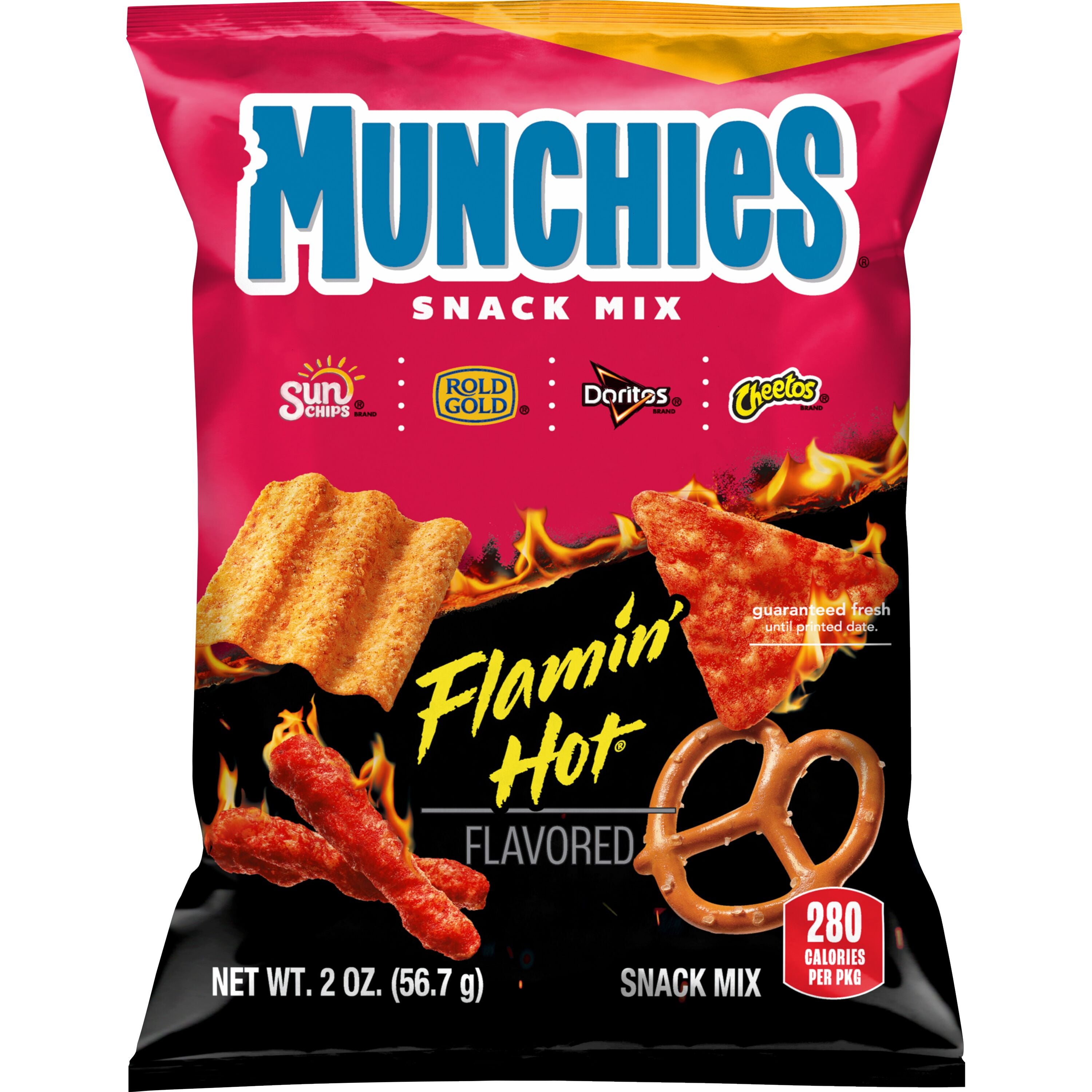 Munchies Flamin' Hot snack mix bag featuring Doritos, Cheetos, and pretzels. Frito Lay bulk chips case.
