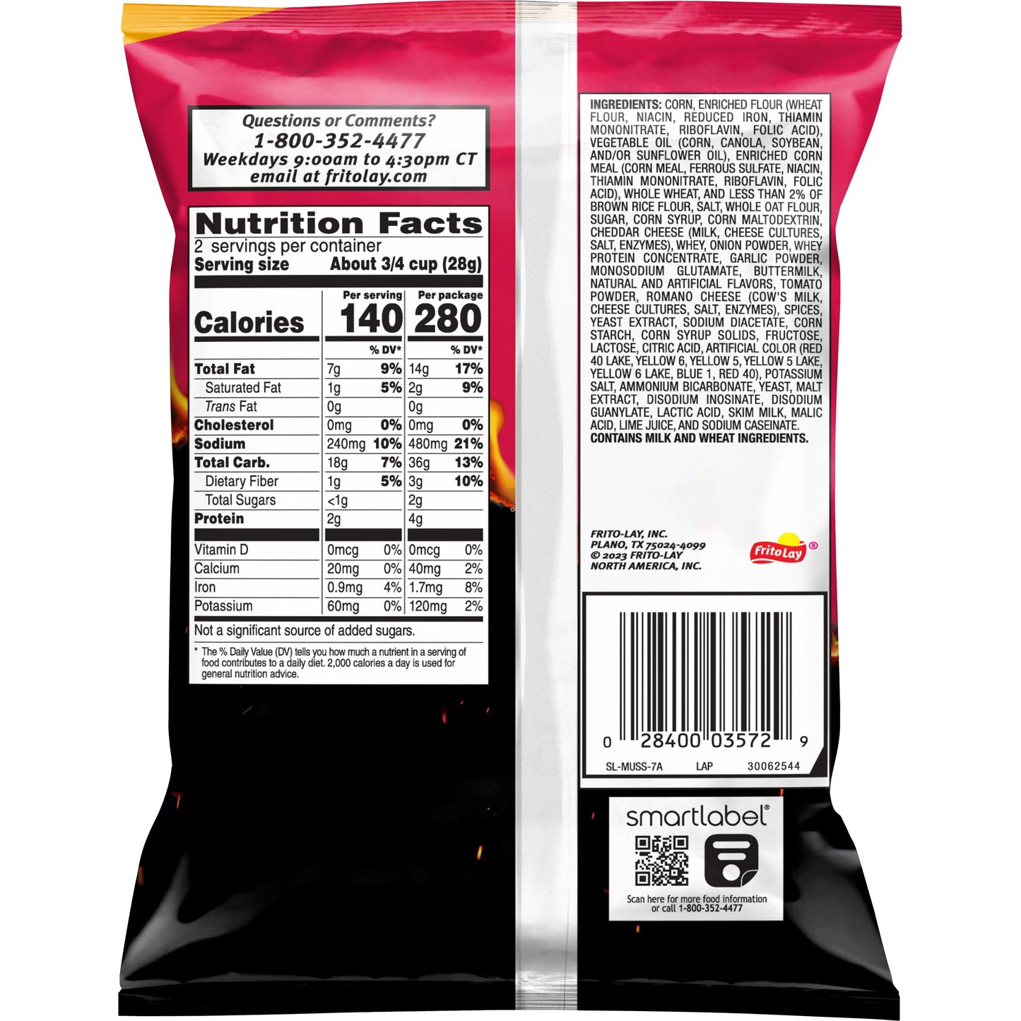 Nutrition facts label for Munchies Flamin' Hot snack mix bag, showcasing serving size and calories.