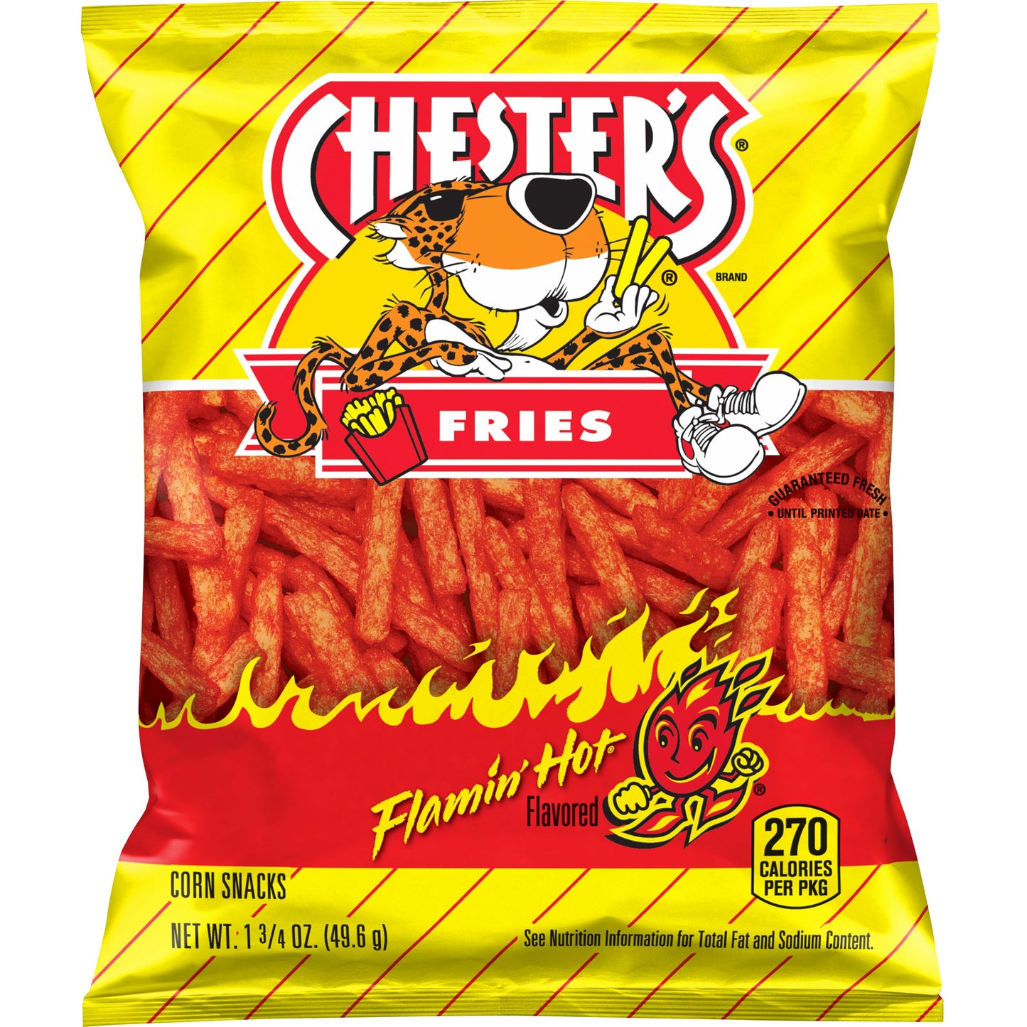 Chester's Hot Fries 1.75 Oz bag, spicy corn snack, bold flavor, Frito Lay bulk chips case, 64 count box.