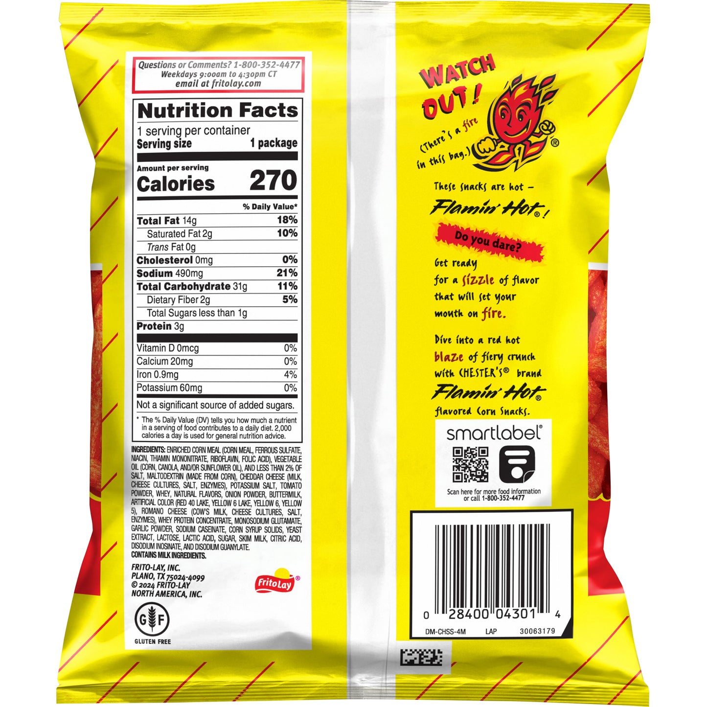 Chester's Hot Fries 1.75 Oz bag with nutrition facts, a spicy snack from Frito Lay, ideal for bulk chip cases.