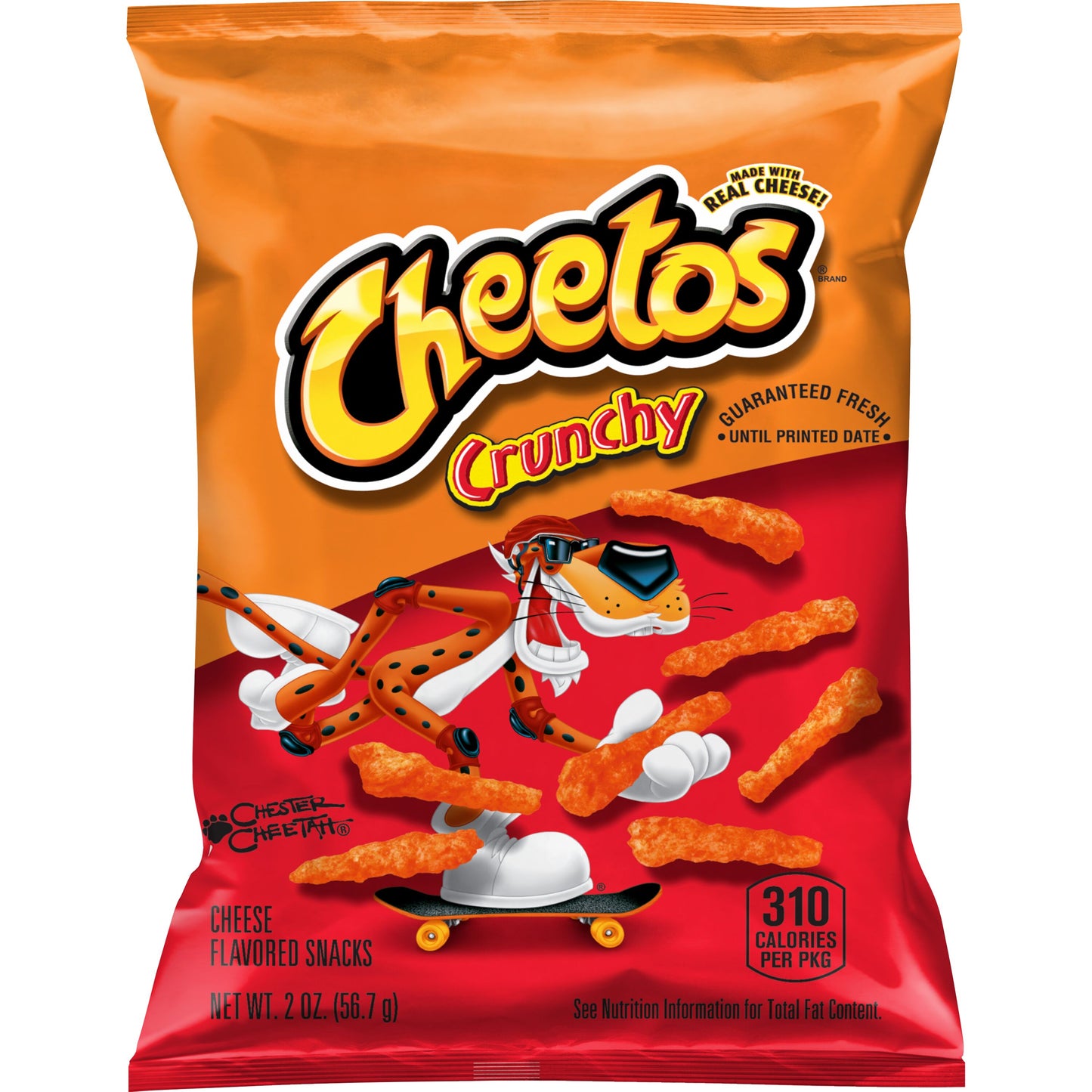 Cheetos Crunchy 2 Oz bag showcasing cheesy snacks on skateboard, ideal for Frito Lay bulk chips case purchases.