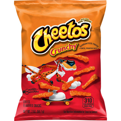 Cheetos Crunchy 2 Oz bag showcasing cheesy snacks on skateboard, ideal for Frito Lay bulk chips case purchases.