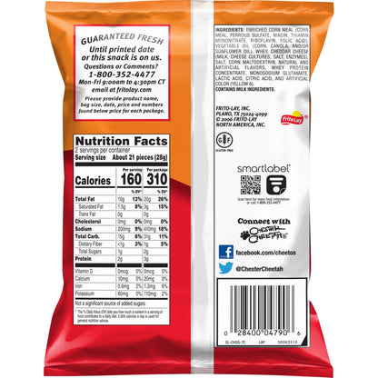 Back of Cheetos Crunchy 2 Oz bag showing nutrition facts and ingredients, Frito Lay bulk chips case.