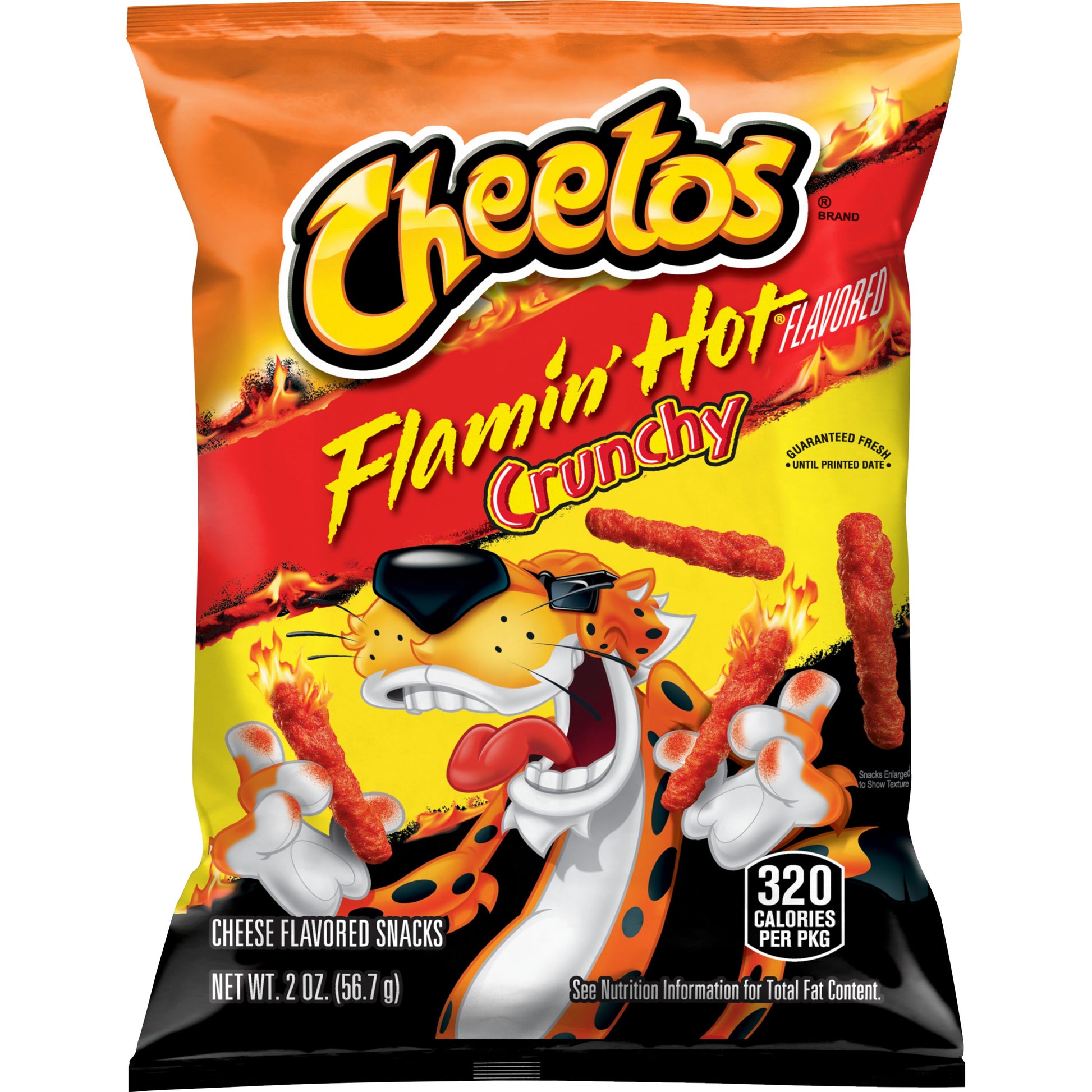 Cheetos Flamin' Hot 2 oz bag showcasing fiery snack with cheesy flavor, part of Frito Lay bulk chips case.