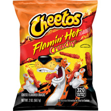 Cheetos Flamin' Hot 2 oz bag showcasing fiery snack with cheesy flavor, part of Frito Lay bulk chips case.