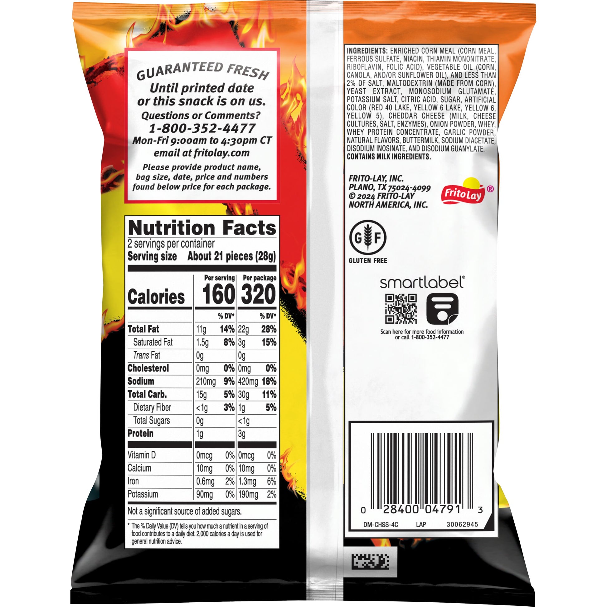 Back of Cheetos Flamin' Hot bag showing nutrition facts and Frito Lay branding, ideal for bulk snack purchases.