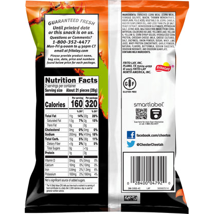 Cheetos Flamin' Hot Limón back packaging with nutrition facts and Frito Lay branding, 2 oz snack.
