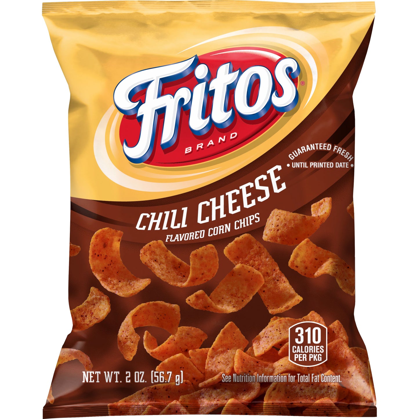 Fritos Chili Cheese flavored corn chips in 2 oz bag from Frito Lay, ideal for bulk purchase and snacking.
