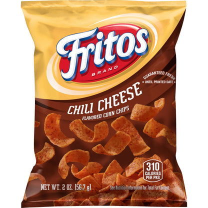 Fritos Chili Cheese flavored corn chips in 2 oz bag from Frito Lay, ideal for bulk purchase and snacking.