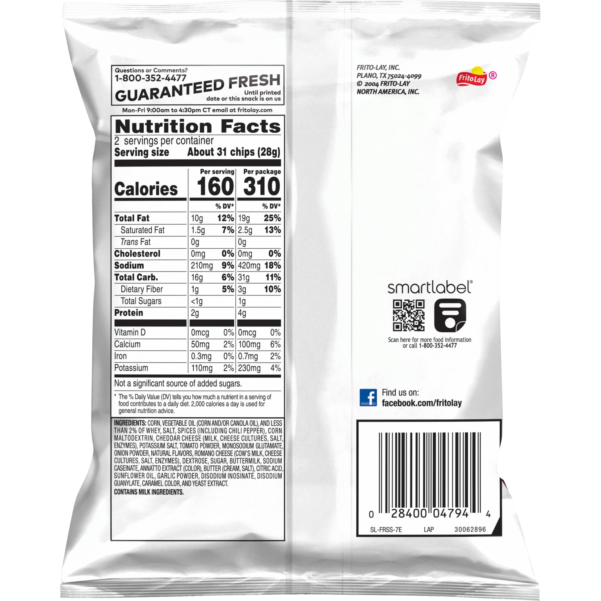 Fritos Chili Cheese 2 Oz Nutrition Facts label showing calories and serving size in a bulk chips case.