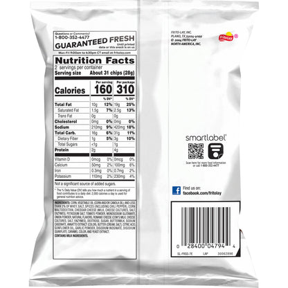 Fritos Chili Cheese 2 Oz Nutrition Facts label showing calories and serving size in a bulk chips case.