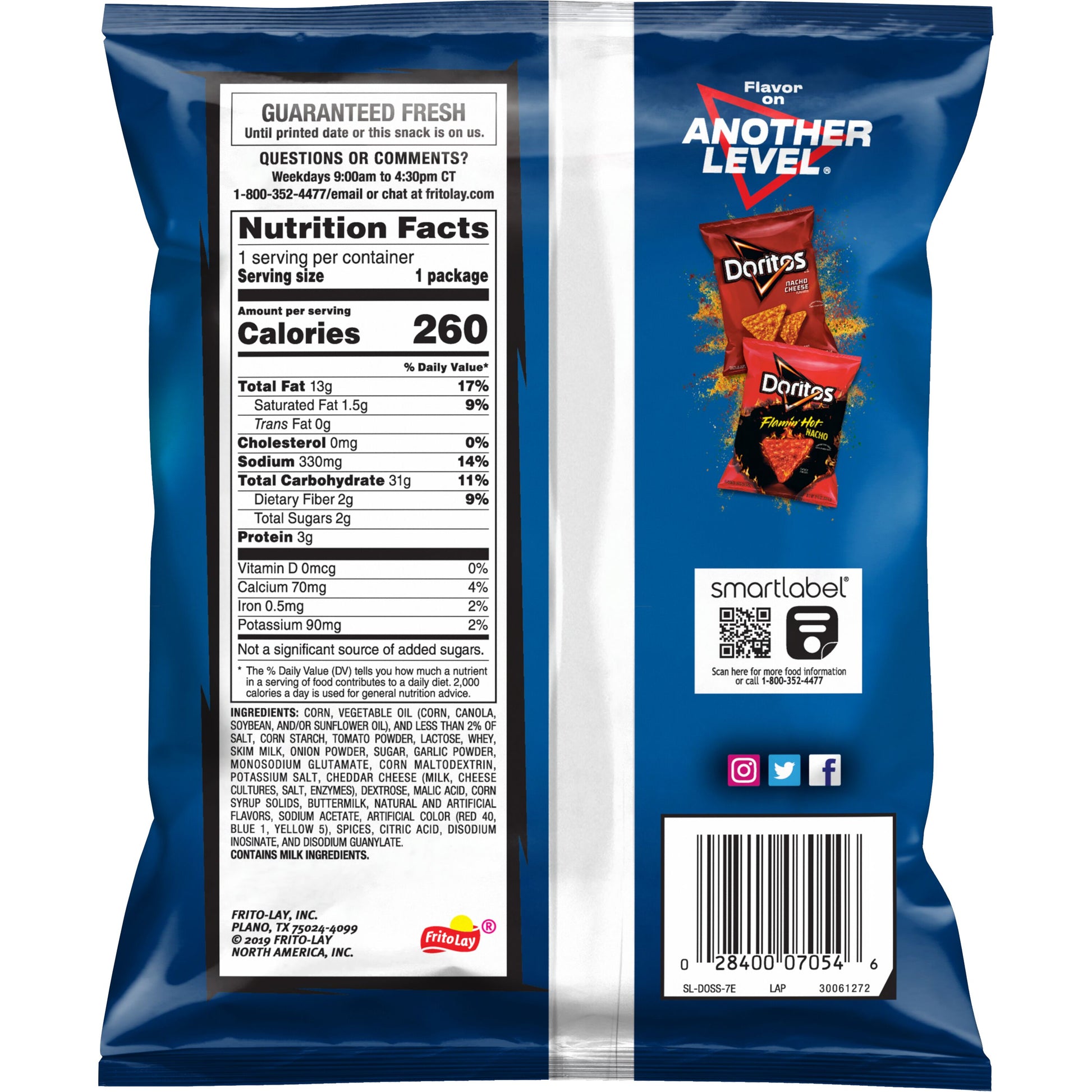 Back of Doritos Cool Ranch bag showing nutrition facts and iconic logo, part of a Frito Lay bulk chips case.