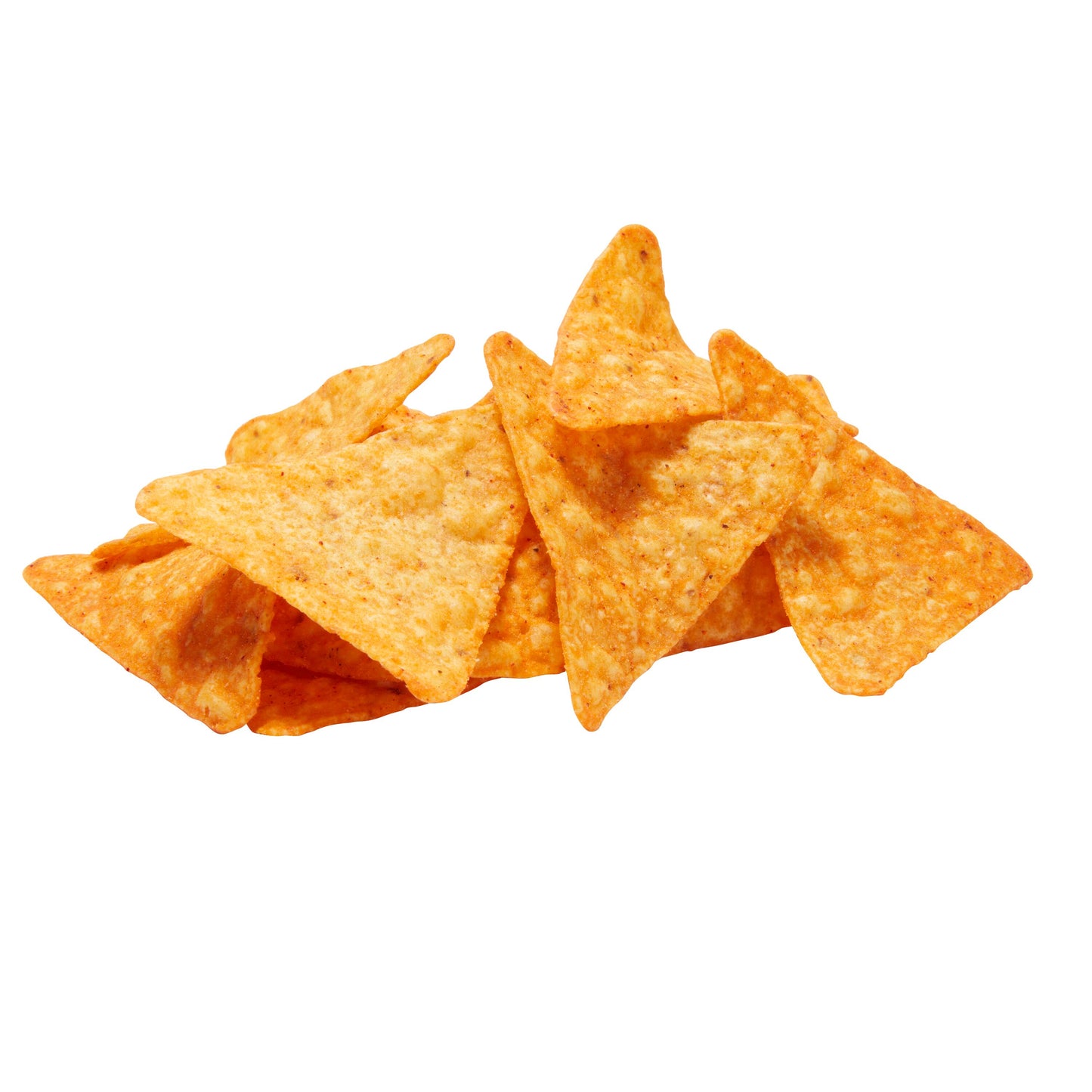Doritos Nacho Cheese triangular corn chips stacked, highlighting bold flavor from Frito Lay bulk chips case.