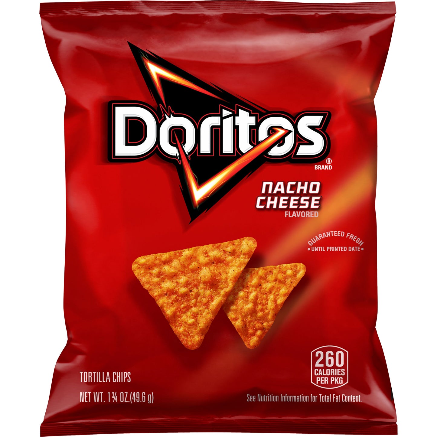 Doritos Nacho Cheese tortilla chips bag showcasing bold flavor. Frito Lay bulk chips case option available.