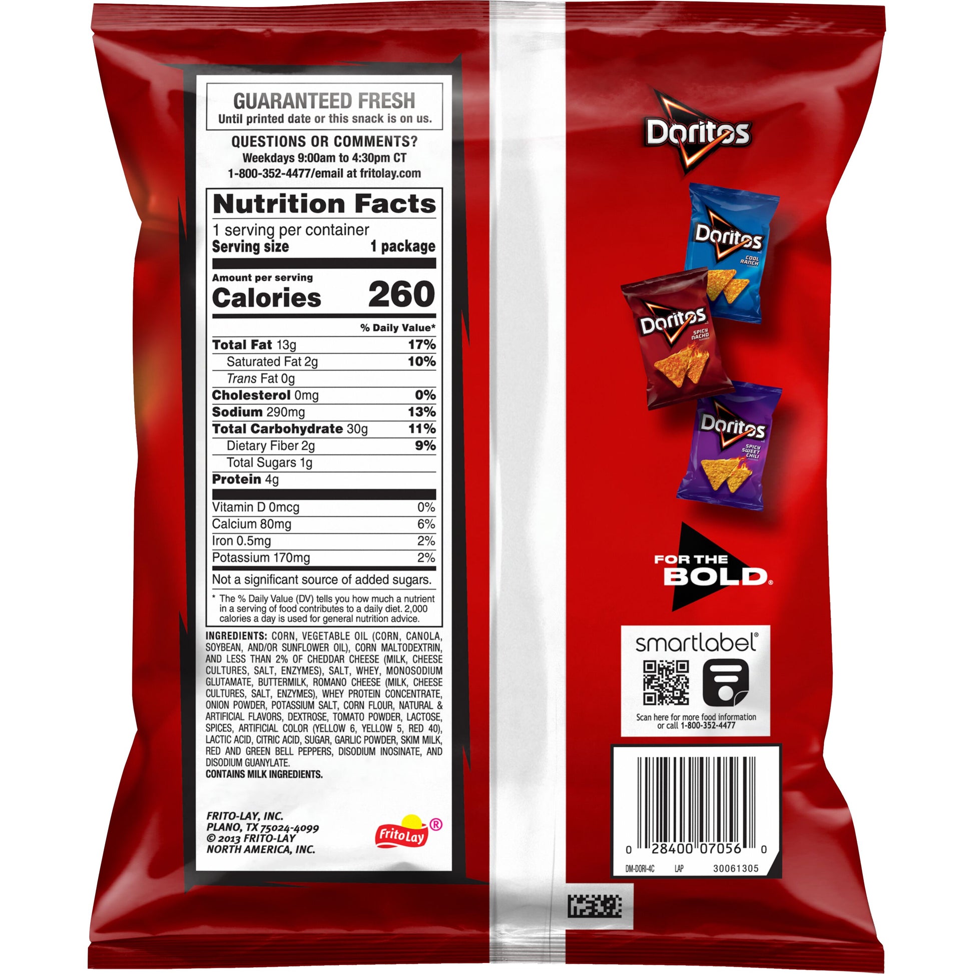 Doritos Nacho Cheese 1.75 Oz bag with nutrition facts and Frito Lay branding, perfect for bulk snack lovers.