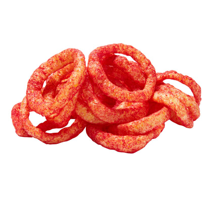 Crunchy Funyun Flamin Hot Onion Rings in a pile, bursting with sweet and spicy flavor, ideal for snacking.