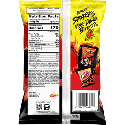Nutrition facts for Funyun Flamin Hot Onion Rings packaging, highlighting calories and ingredients for snacking.