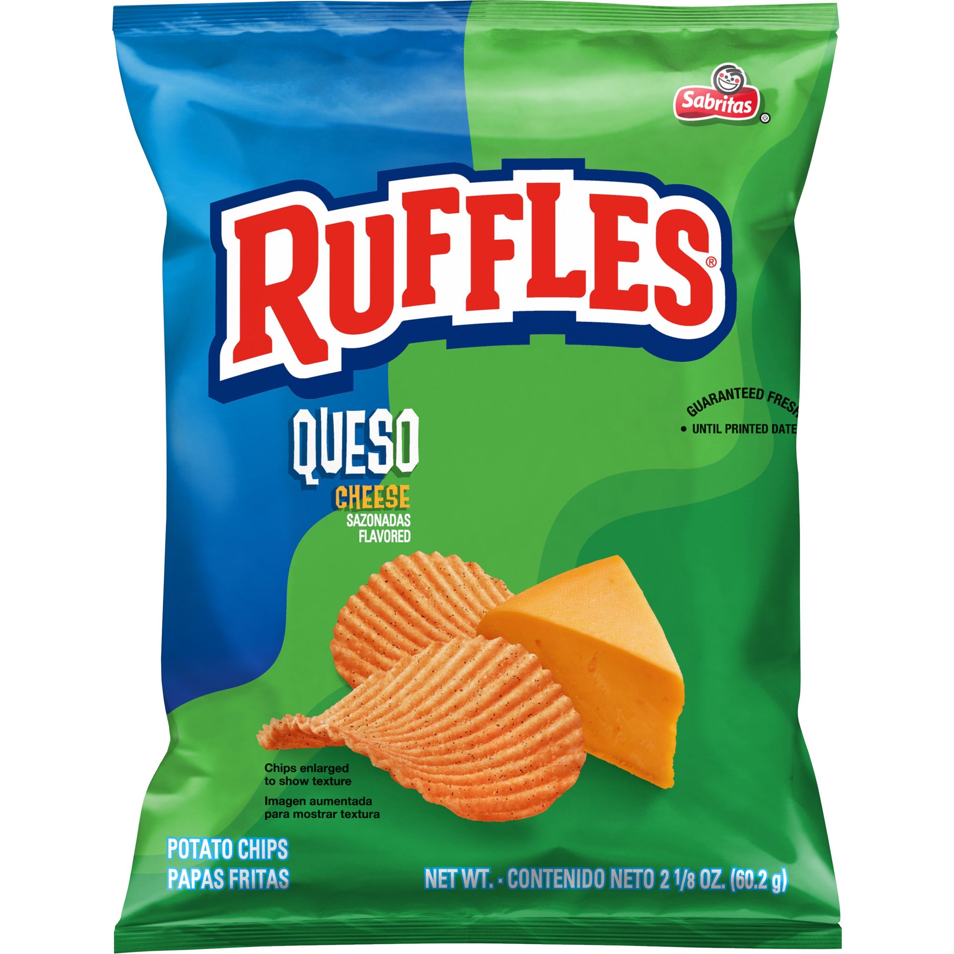 Ruffles Queso chips packaging featuring crunchy potato chips and queso cheese wedge, perfect for snacking.
