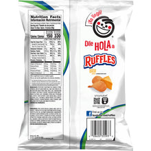 Ruffles Queso chip bag back with nutrition facts, perfect for snacking, Frito Lay bulk chips case.