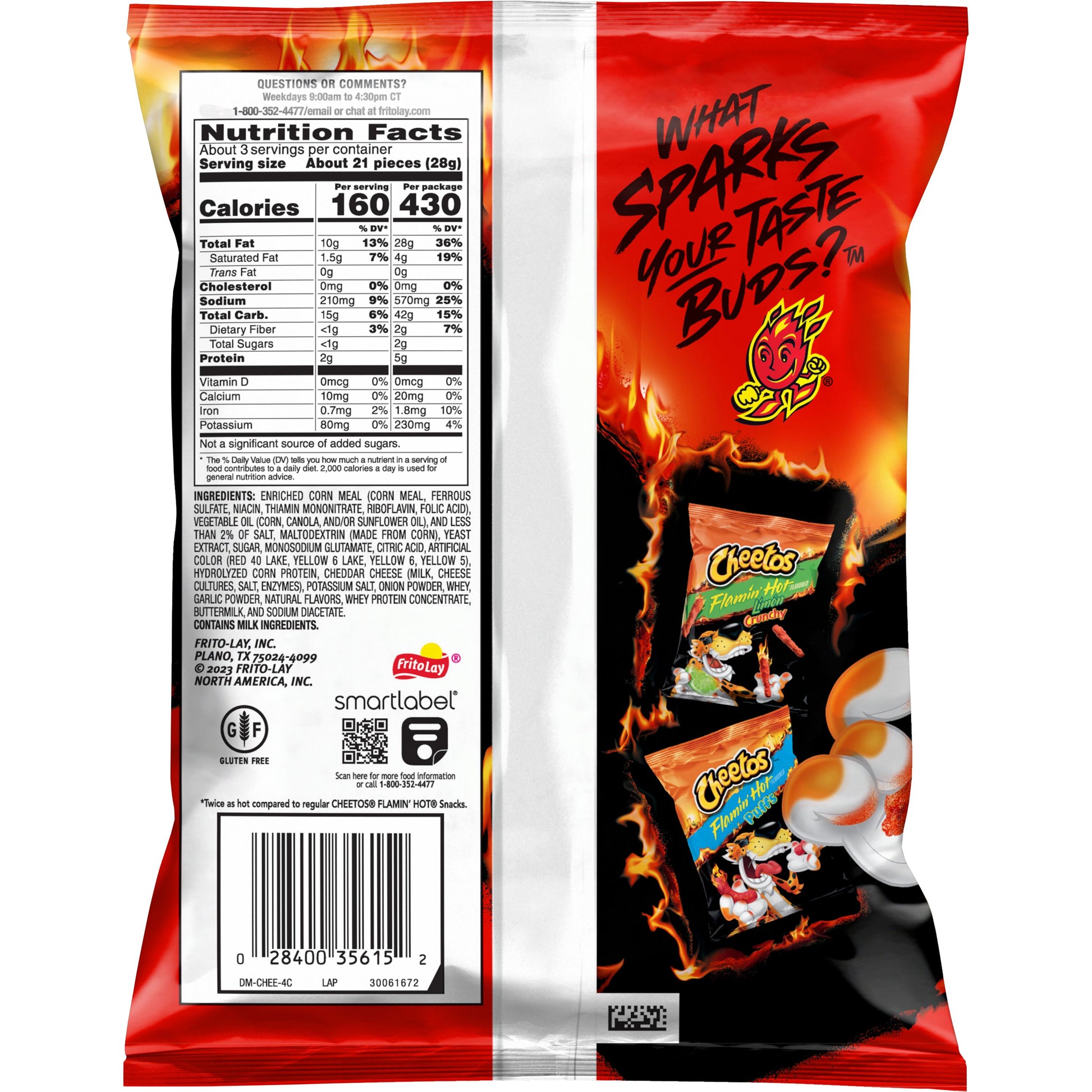 Cheetos Xxtra Flamin Hot bag showing nutrition facts and fiery branding, ideal for frito lay bulk chips case.