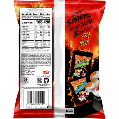 Cheetos Xxtra Flamin Hot bag showing nutrition facts and fiery branding, ideal for frito lay bulk chips case.