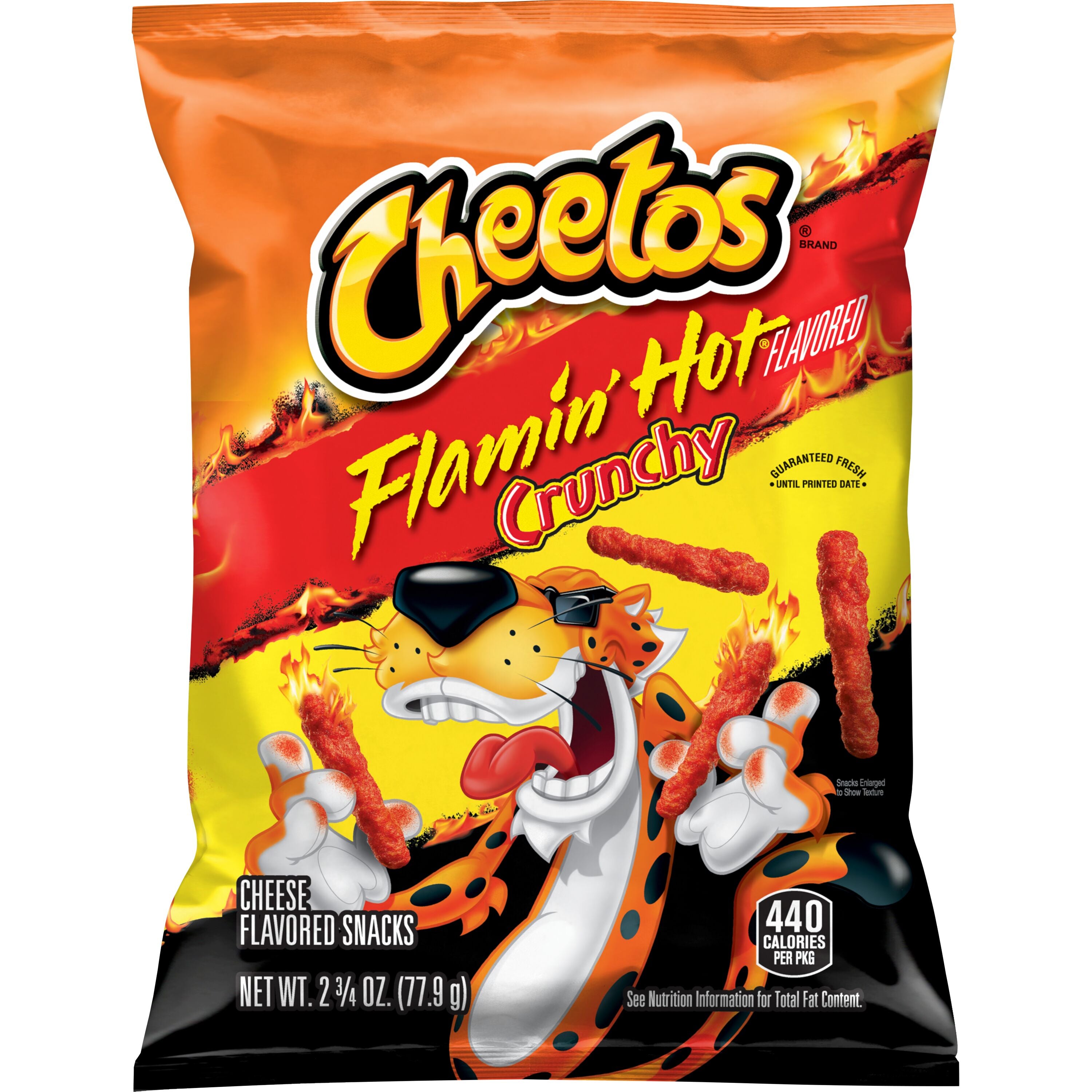 Cheetos Flamin' Hot Crunchy 2.75 oz bag, spicy cheese-flavored snack from Frito Lay, perfect for bulk chips case.