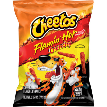 Cheetos Flamin' Hot Crunchy 2.75 oz bag, spicy cheese-flavored snack from Frito Lay, perfect for bulk chips case.