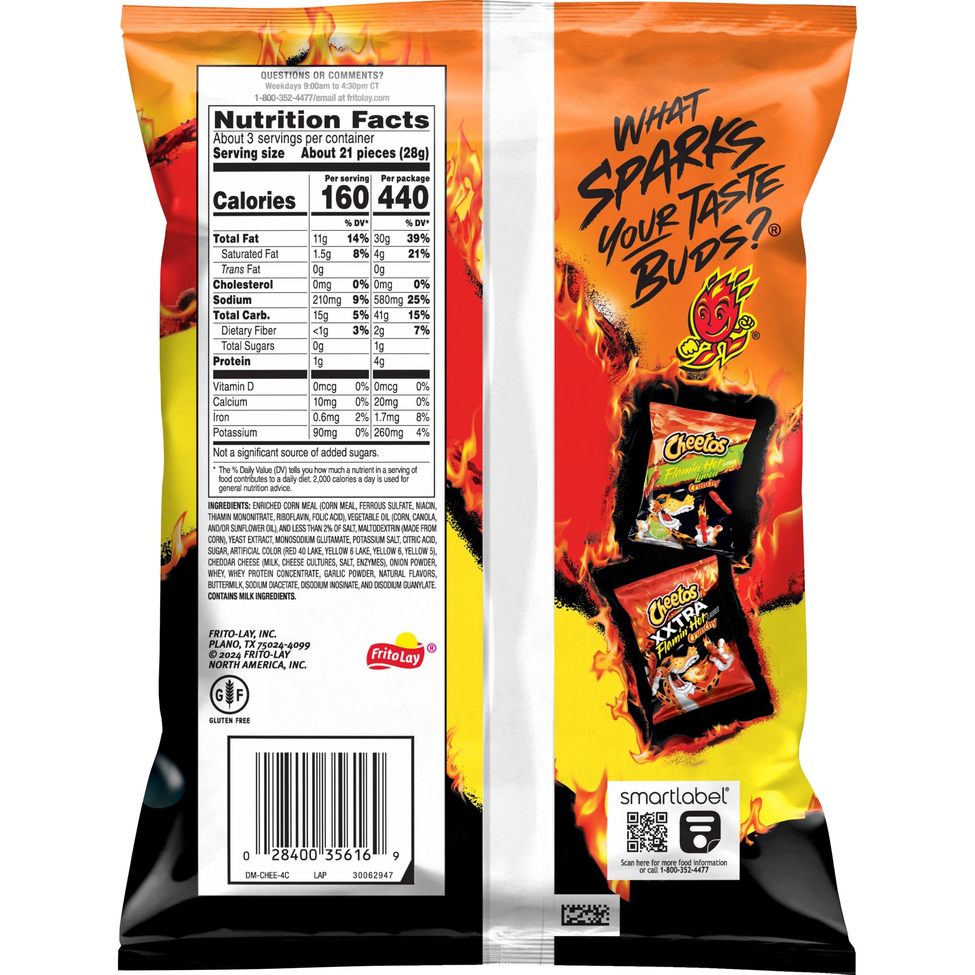 Nutrition facts for Cheetos Flamin' Hot, 2.75 oz snack bag, showcasing calories and ingredients, Frito Lay bulk chips case.