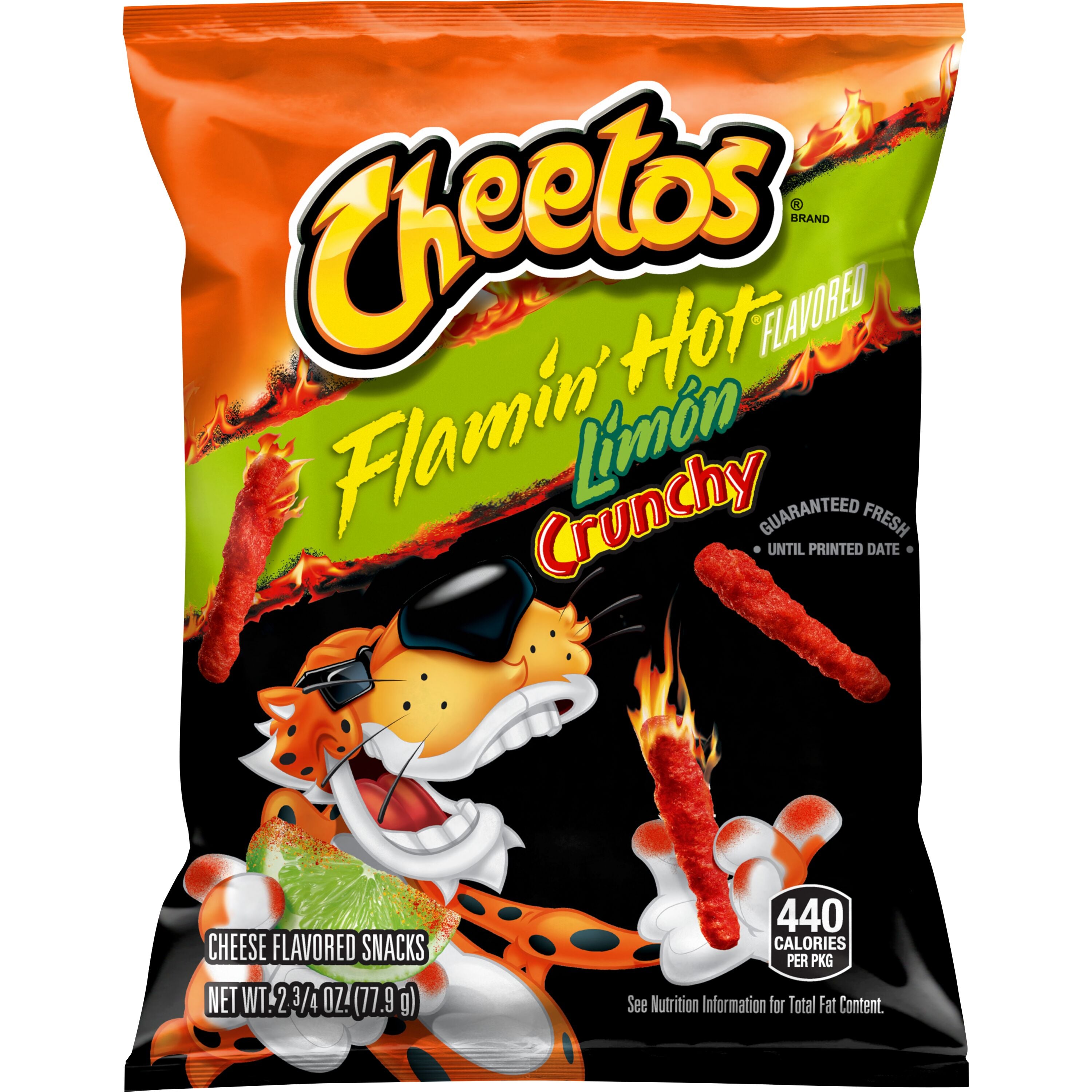 Cheetos Flamin' Hot Limón cheesy snacks bag, 2.75 Oz size, featuring a bold lime flavor and crunchy texture.