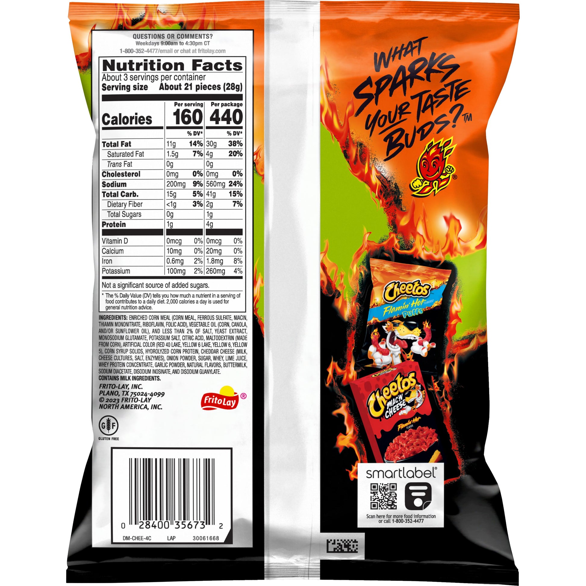 Back packaging of Cheetos Flamin' Hot Limón 2.75 Oz showing nutrition facts and design, Frito Lay bulk chips case.