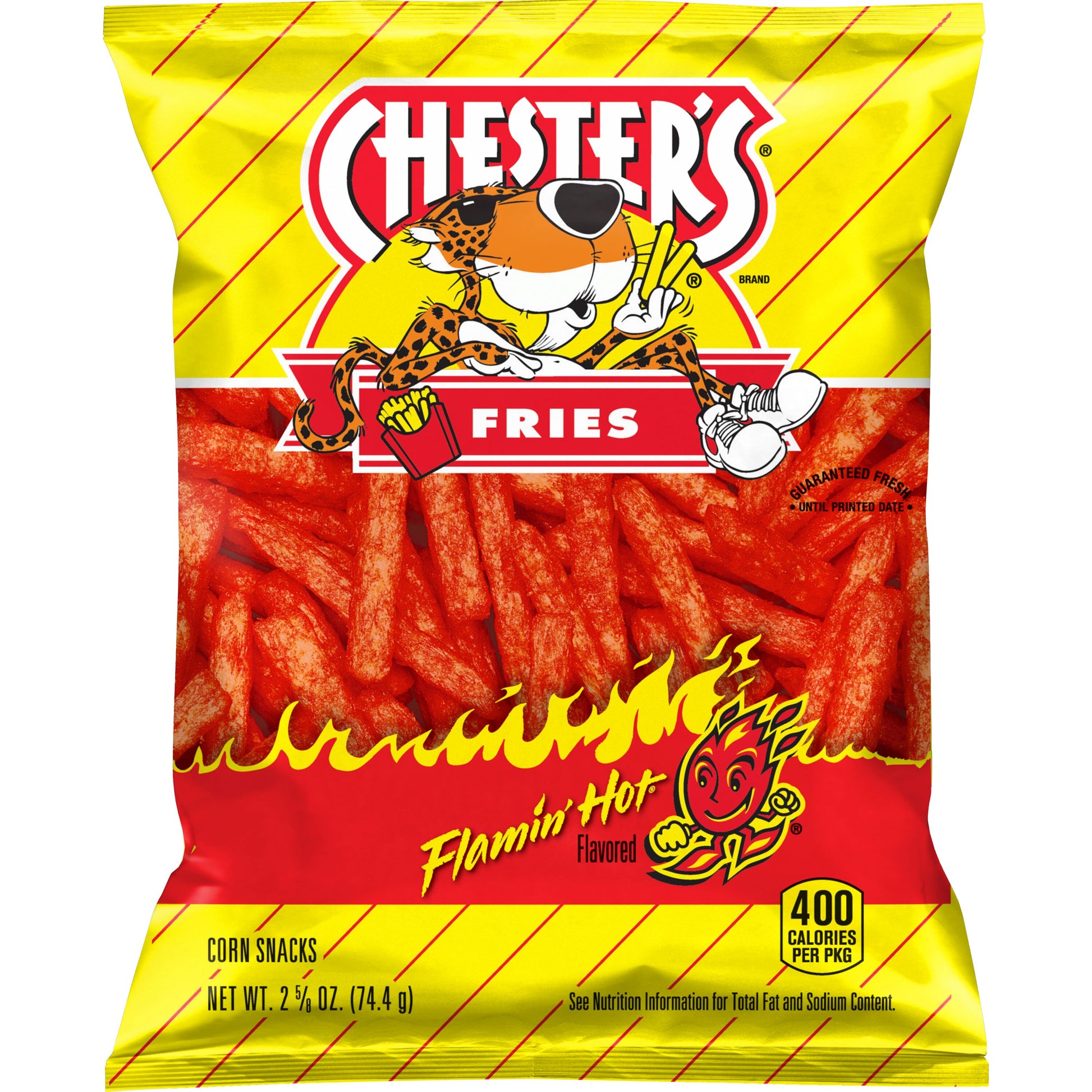 Chester's Hot Fries 2.625 oz bag, spicy corn snacks, Frito Lay bulk chips case, bold flavor, satisfying crunch.