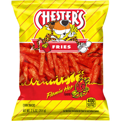 Chester's Hot Fries 2.625 oz bag, spicy corn snacks, Frito Lay bulk chips case, bold flavor, satisfying crunch.