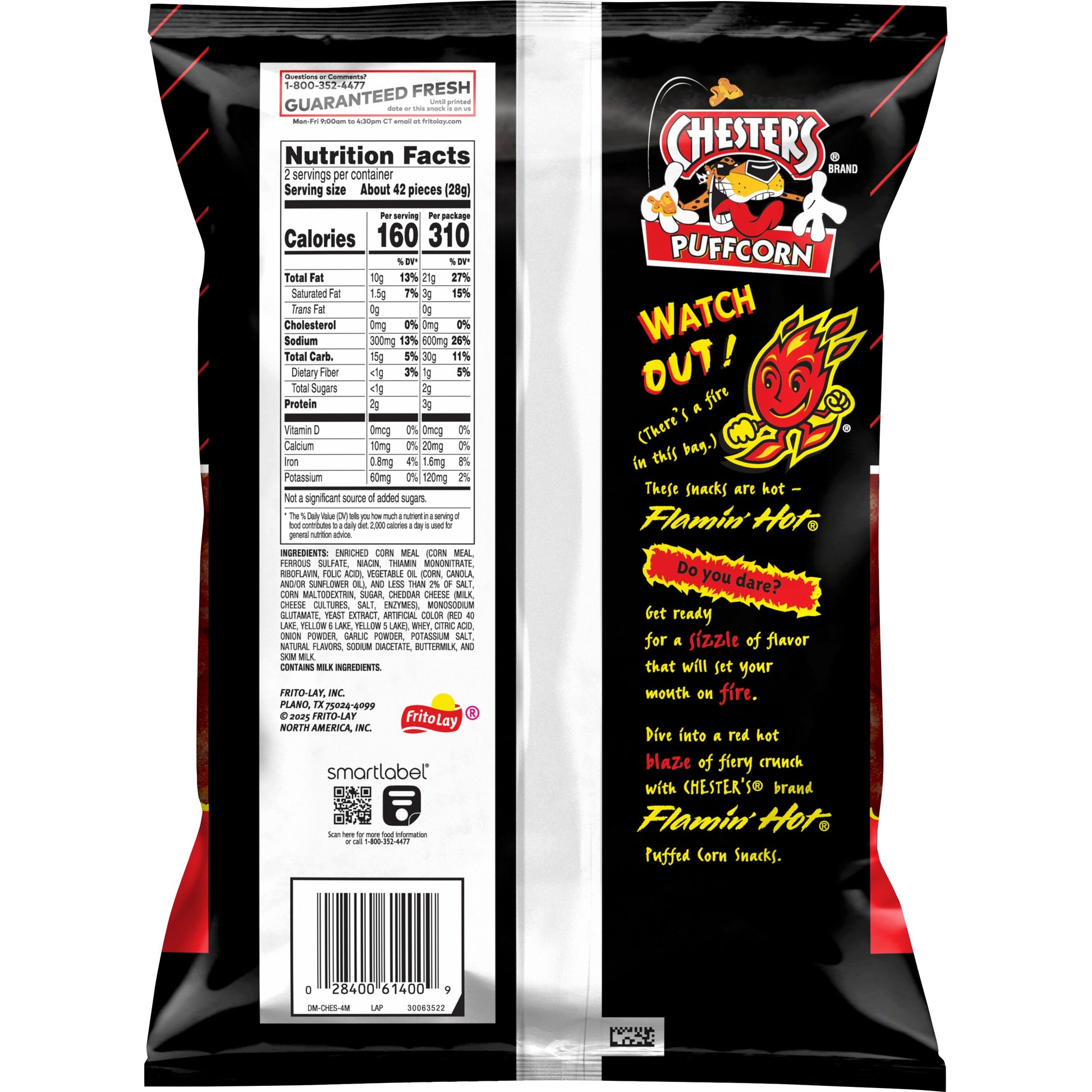 Chester's Puffcorn Flamin Hot bag showing nutrition facts, perfect for Frito Lay bulk chips case snack enthusiasts.