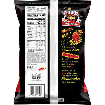 Chester's Puffcorn Flamin Hot bag showing nutrition facts, perfect for Frito Lay bulk chips case snack enthusiasts.