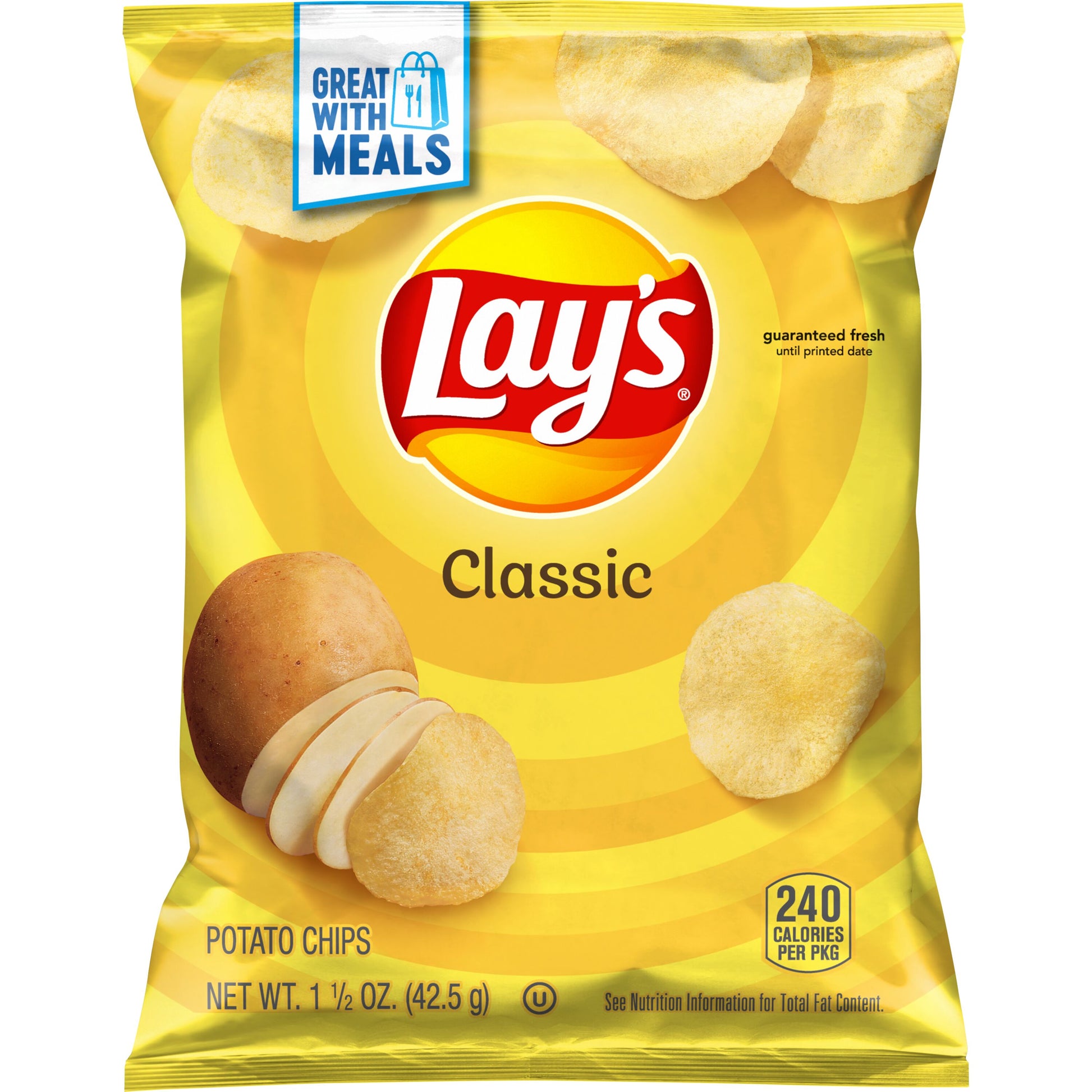 Lay's Classic potato chips 1.5 oz bag, lightly salted and crispy, perfect for snacking. Frito Lay bulk chips case option.