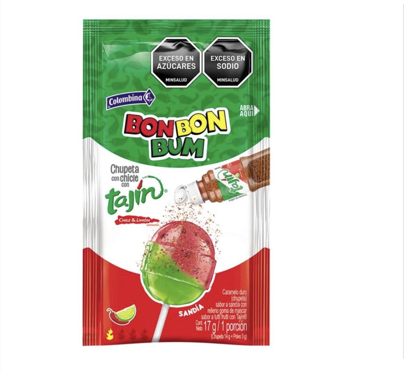 Colombina Bon Bon Bum Bubble Gum Lollipops (20 Pieces) Flavors of Passion Fruit/Watermelon with Tajin Powder