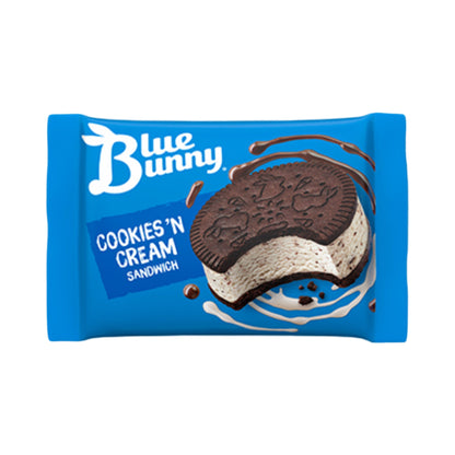 Blue Bunny Cookies & Cream Ice Cream Sandwich in packaging with chocolate cookie and vanilla ice cream, ideal for bulk ice cream lovers.