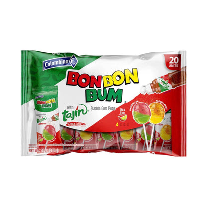 Colombina Bon Bon Bum Bubble Gum Lollipops (20 Pieces) Flavors of Passion Fruit/Watermelon with Tajin Powder