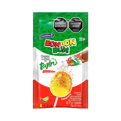 Colombina Bon Bon Bum Bubble Gum Lollipops (20 Pieces) Flavors of Passion Fruit/Watermelon with Tajin Powder