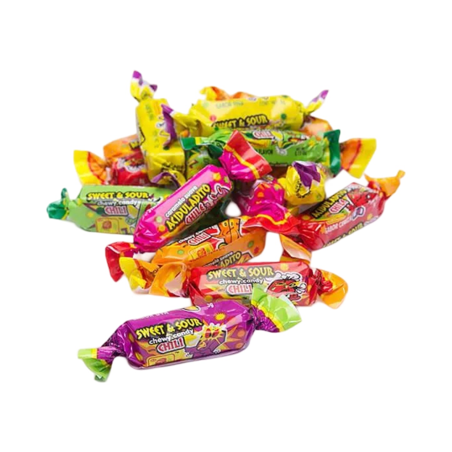 De La Rosa Aciduladito chili-infused sour sweet chews in vibrant wrappers, bulk Mexican candy selection.