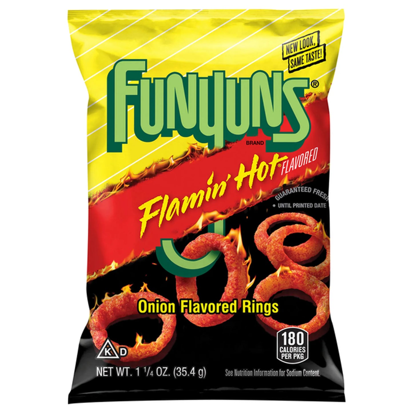 Funyun Flamin' Hot Onion Rings bag 1.25 oz featuring crunchy snacks in bold packaging, ideal for spicy snack lovers.