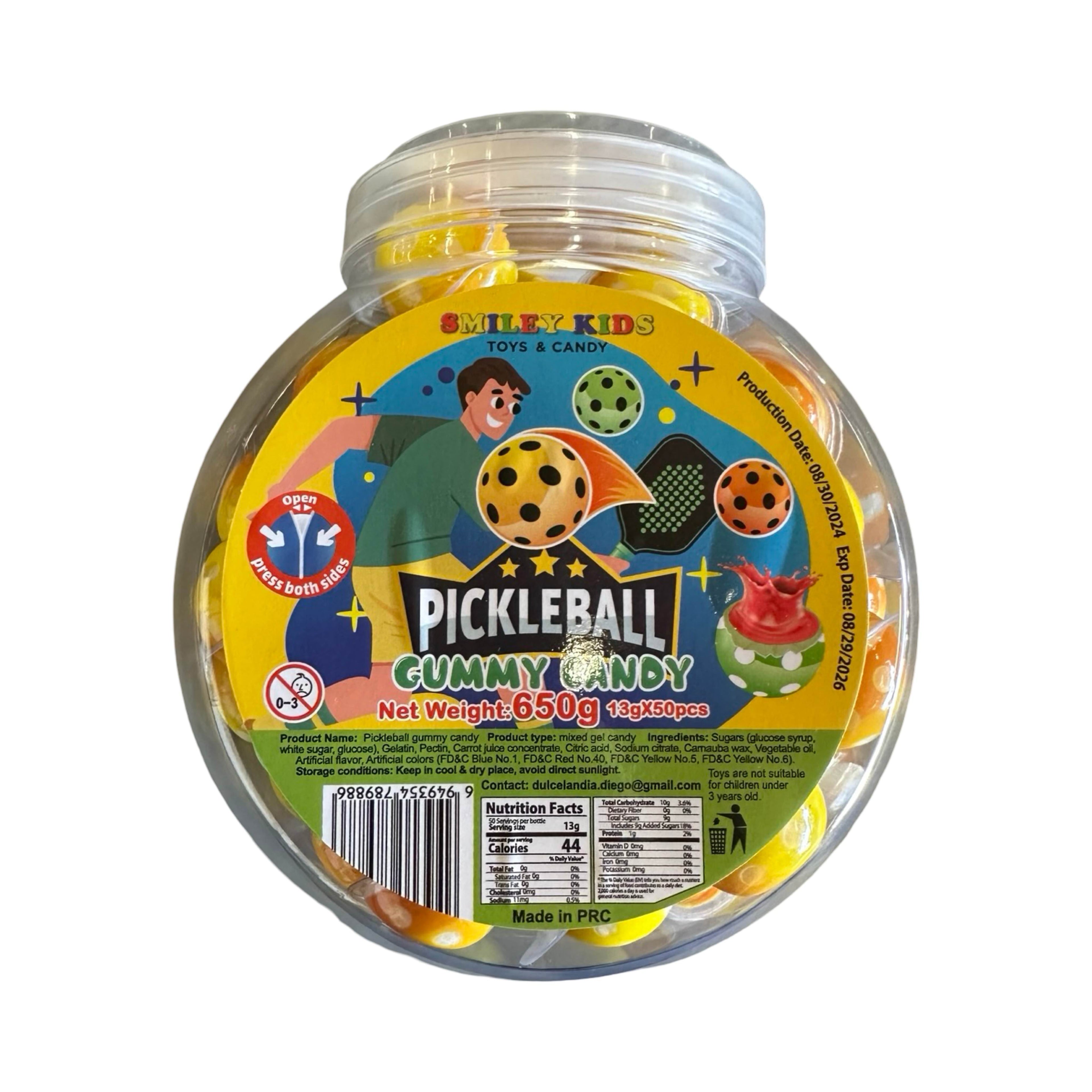Pickleball Gummy Candy jar featuring colorful gummies shaped like pickleballs, a sweet fruity treat in a convenient 50 count.